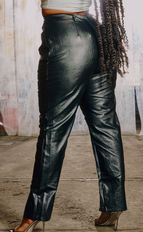 Plt - Plus Black Vinyl Split Hem Trousers