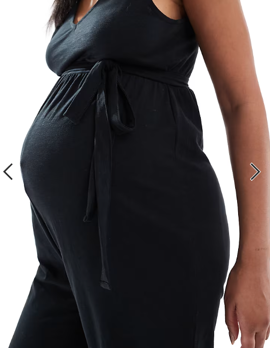 Mamalicious Maternity v neck tie waist jersey wide leg jumpsuit in black