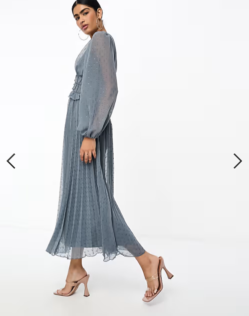 ASOS DESIGN button through ruched waist pleated midi dress in metallic dobby in silver grey