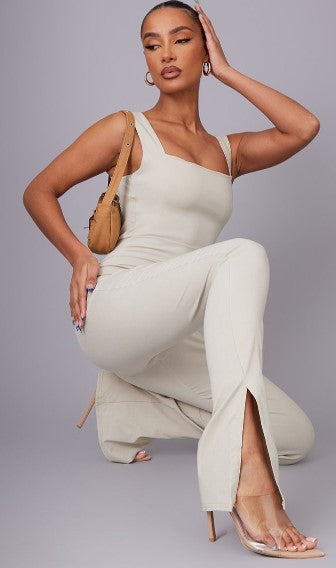 Stone Square Neck Thick Strap Stretch Woven Jumpsuit