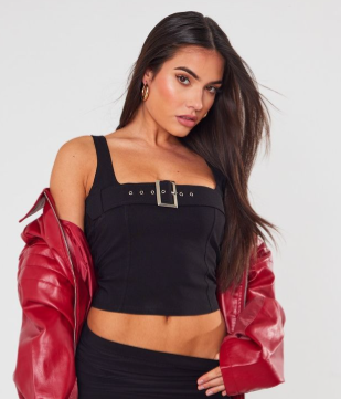 Black Stretch Woven Belt Detail Top