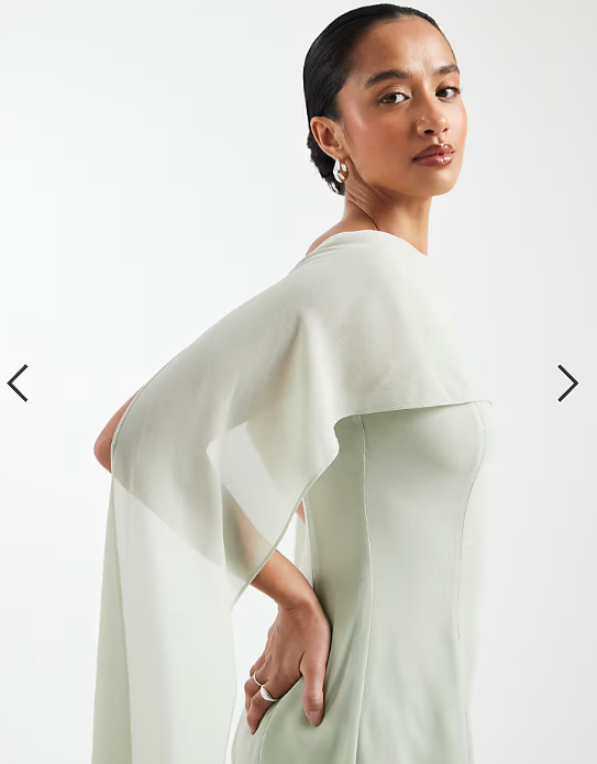 TFNC Petite Bridesmaid chiffon sheer skirt scarf detail maxi dress in sage green