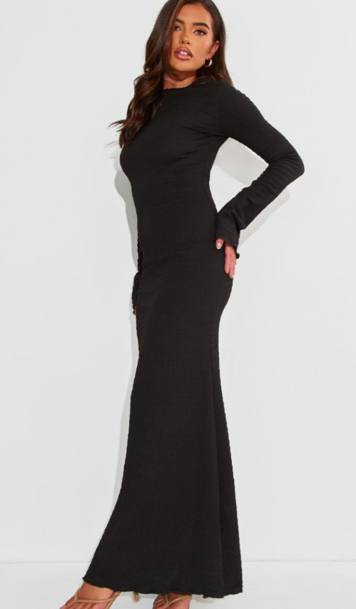 Plt - Black Crinkle Textured Lettuce Hem Long Sleeve Maxi Dress