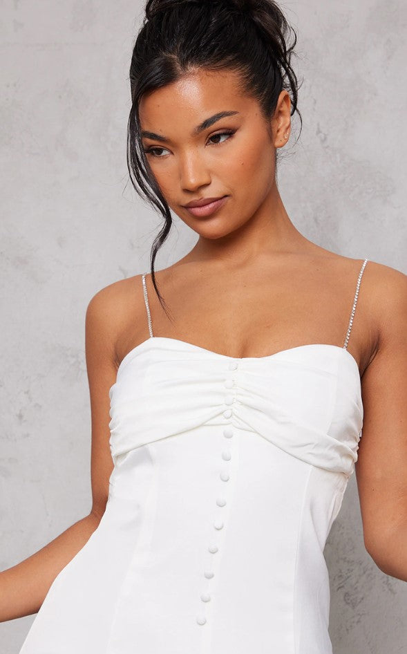 White Satin Diamante Strap Button Detail Bodycon Dress