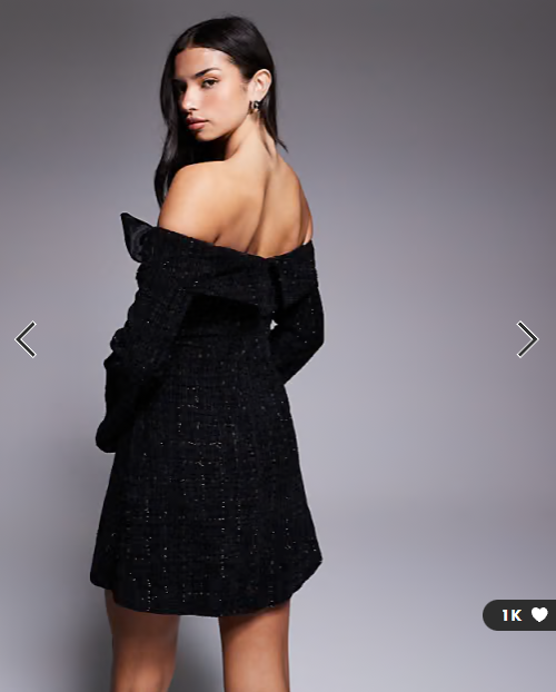 ASOS LUXE boucle bardot mini dress with pleated skirt and bow in black