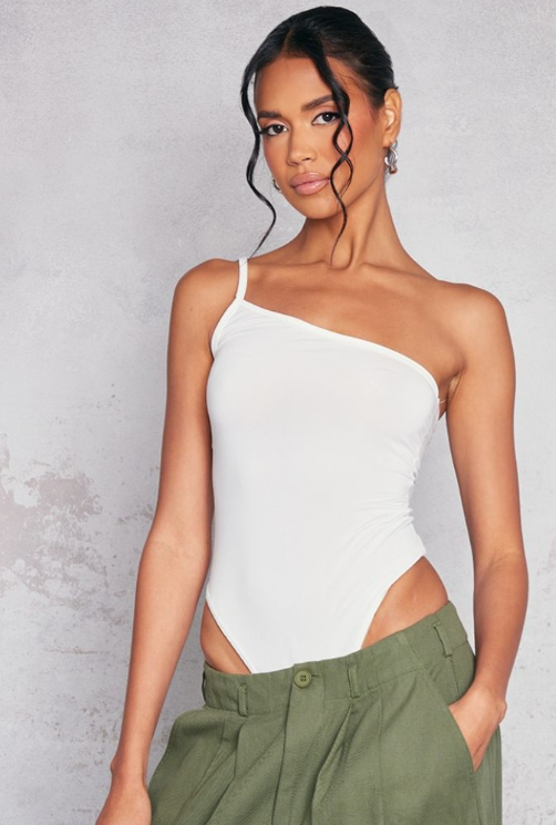 Cream Slinky One Strap Asymmetric Bodysuit