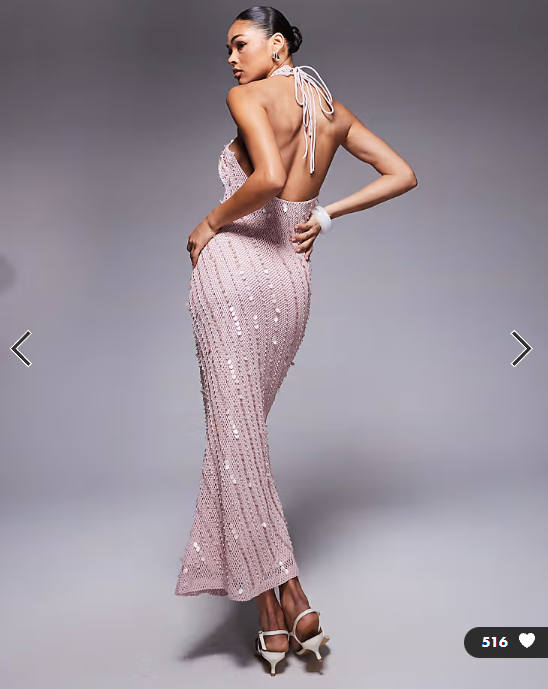 ASOS DESIGN crochet cross front maxi dress with sequin and pearl embellishment in light pink