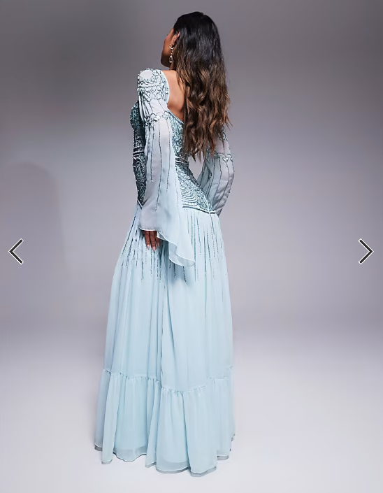 ASOS DESIGN fluted sleeve maxi dress with placement embellishment in aqua blue