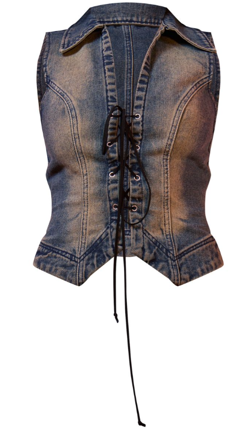 Plt Blue Vintage Wash Front Lace Seam Detail Denim Waistcoat