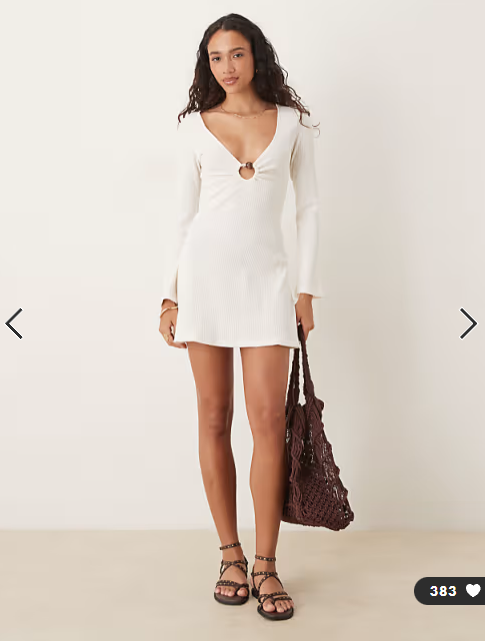 ASOS DESIGN crochet long sleeve hardware detail mini dress in neutral
