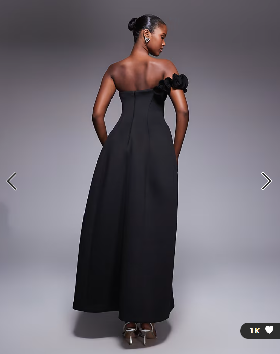 ASOS DESIGN bandeau maxi dress with flower detail in black scuba-style fabric