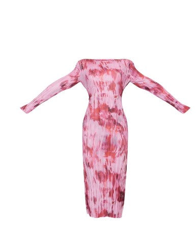 Pink Print Plisse Long Sleeve Split Detail Midaxi Dress