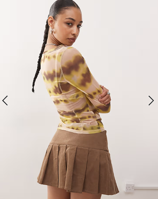 Monki mesh semi sheer long sleeve top in beige and yellow print