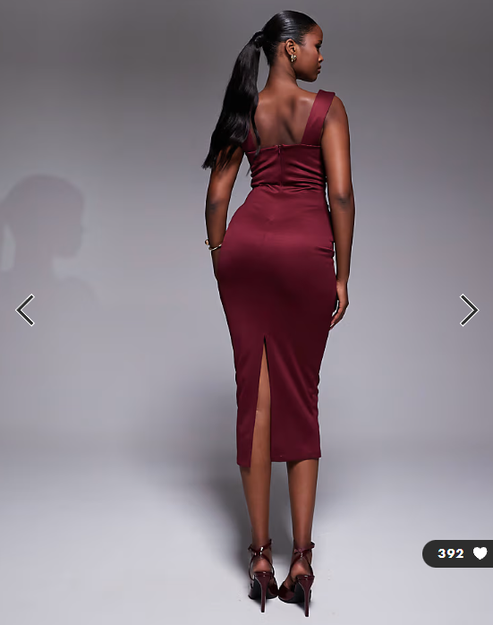 ASOS DESIGN square neck pleat bust midi pencil dress in burgundy