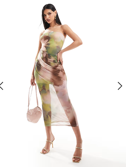 ASOS DESIGN bandeau midi dress with drape mesh bodice in blurred floral print