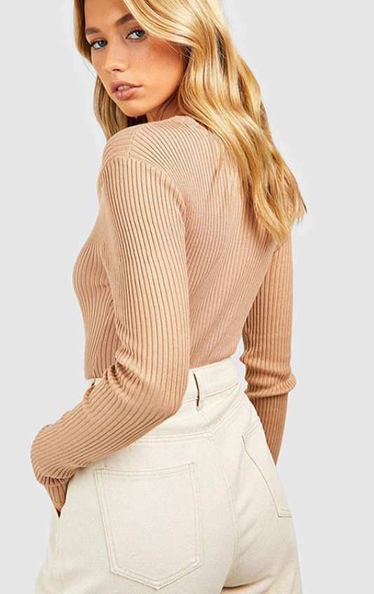 Boohoo - Rib Knit Crew Neck Racer Bodysuit - camel