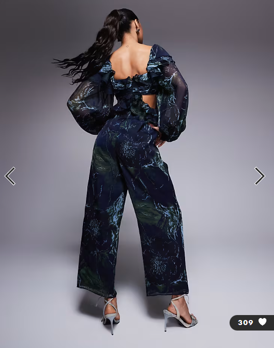 ASOS DESIGN long sleeve ruffle off shoulder jumpsuit in blurred floral print