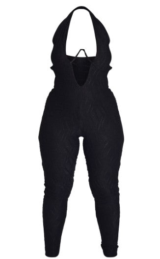 Plus Black Textured Underwired Halterneck Jumpsuit