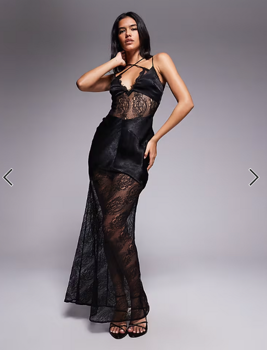 ASOS DESIGN satin and lace mix sheer bodice cami maxi dress in black