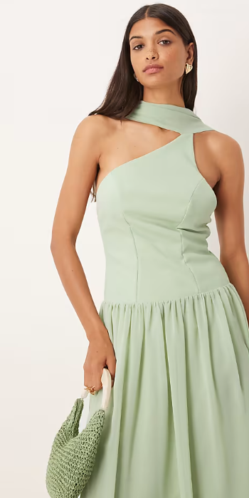ASOS DESIGN scarf tie back drop waist midi dress in sage green