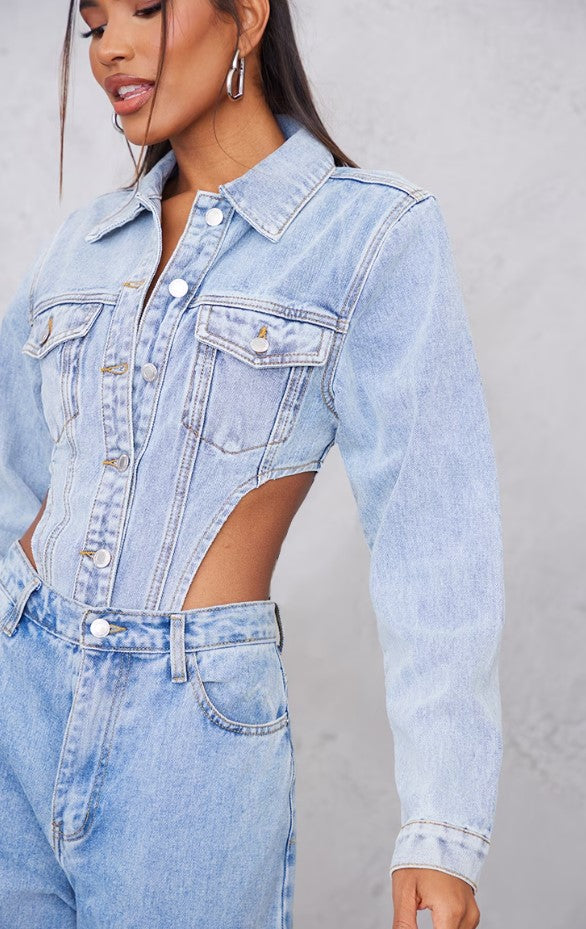 Light Blue Wash Pocket Front Denim Jacket High Side Bodysuit