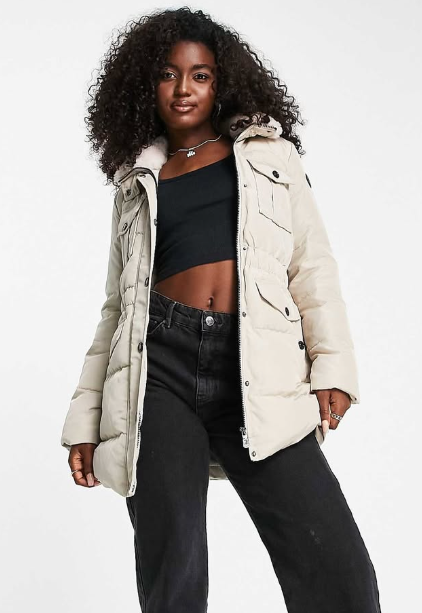 Morgan padded coat with faux fur hood in cream