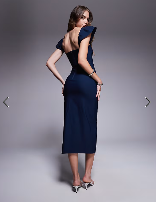 Vesper bengaline square neck ruffle sleeve side split midaxi dress in navy