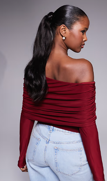 ASOS DESIGN slinky drape bardot long sleeve top in burgundy