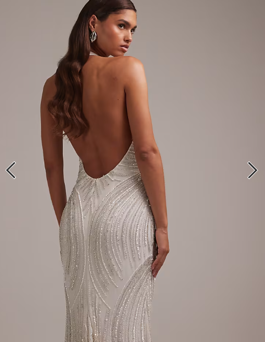 ASOS DESIGN linear beaded open back halter maxi wedding dress in white