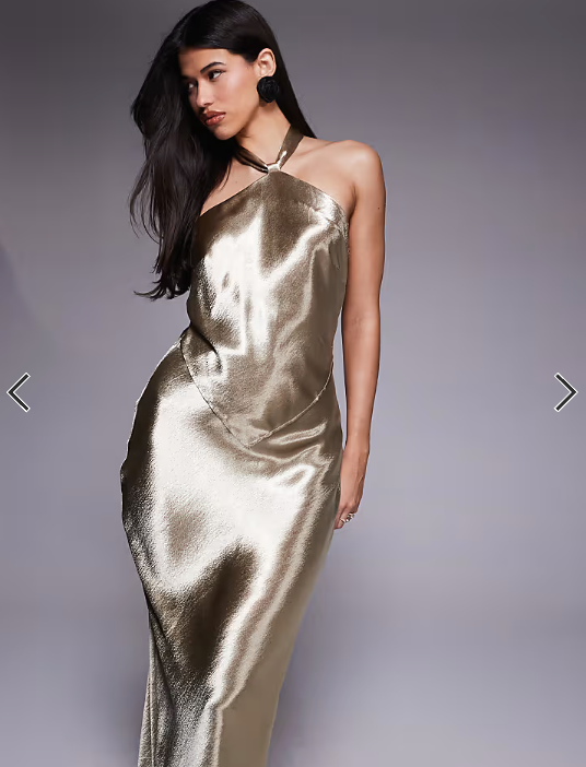 Aria Cove hammered satin knot front halterneck scarf hem detail maxi dress in gold