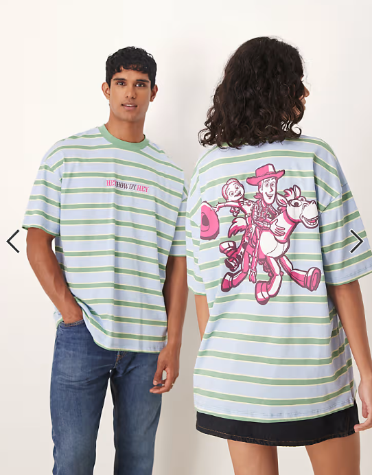 ASOS DESIGN Disney Pixar unisex oversized pinstripe t-shirt with Jessie Toy Story print in green