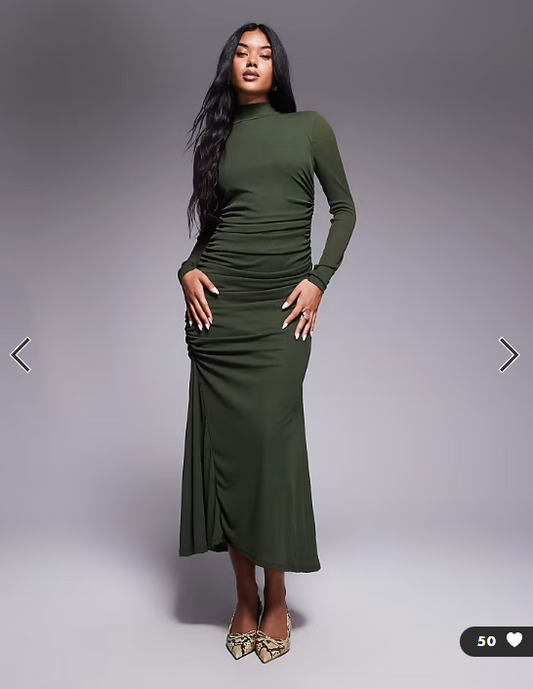ASOS DESIGN high neck long sleeve asym hem maxi dress in khaki