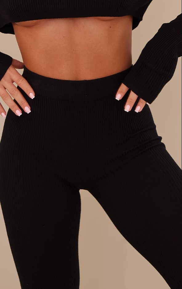 Black Knitted Split Hem Flare Trousers