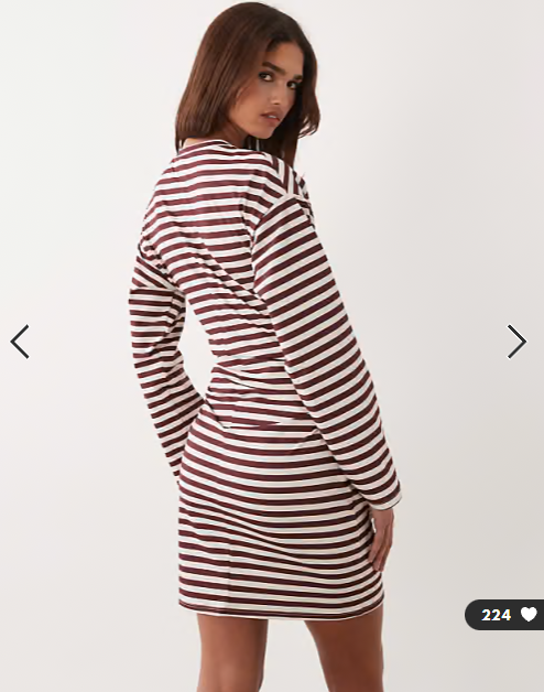 ASOS DESIGN long sleeve cinched waist mini dress in buttermilk and chocolate stripe