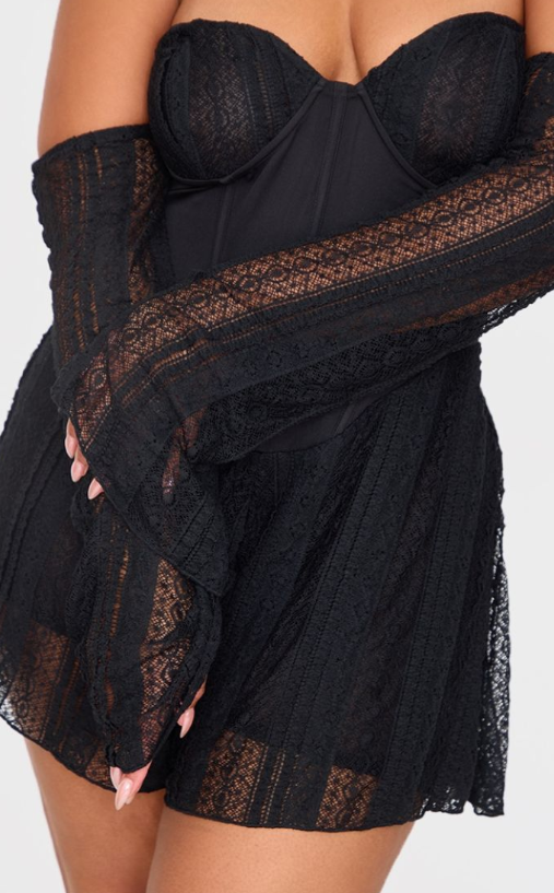 Plt - Plus Black Textured Lace Corset Detail Long Sleeve Playsuit