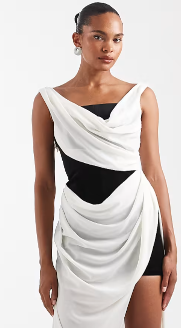 ASOS DESIGN drape maxi dress with contrast bonded velvet bodice in monochrome