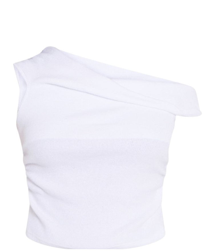 White Brushed Rib Ruched Side Long Top