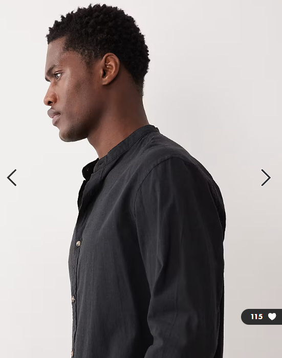 Jack & Jones grandad collar linen blend long sleeve shirt in black