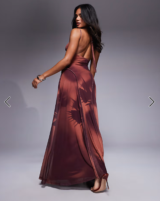 ASOS DESIGN printed mesh maxi dress with exposed seam detail in brown blurred floral print