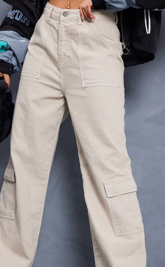 Tall Oatmeal Cargo Pocket High Waist Baggy Wide Leg Jeans