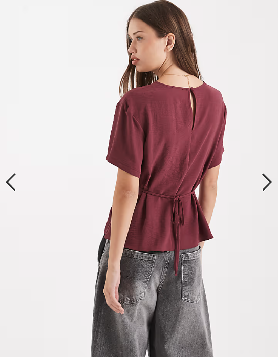 ASOS DESIGN tie back cinch detail woven tee in Mulberry