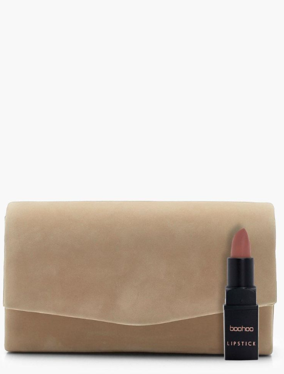 Structured Suedette Clutch Bag & Chain - taupe