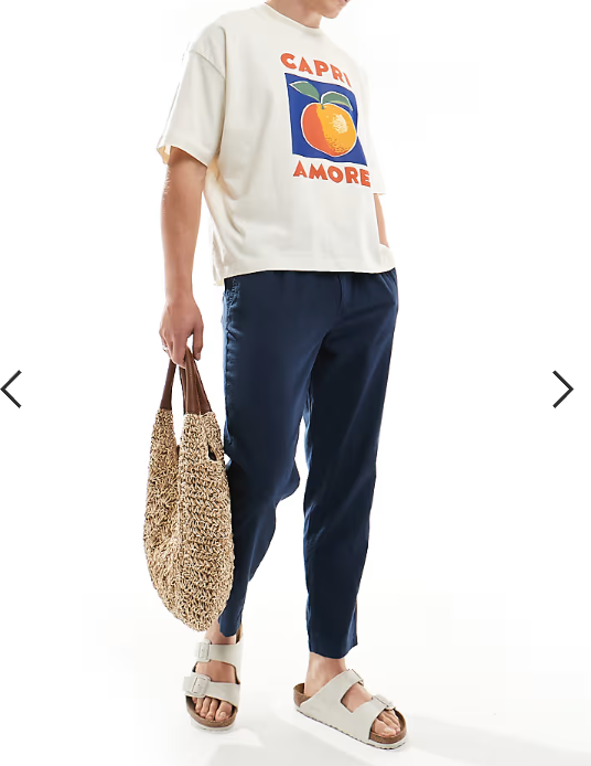 Jack & Jones slim tapered drawstring linen mix pants in navy