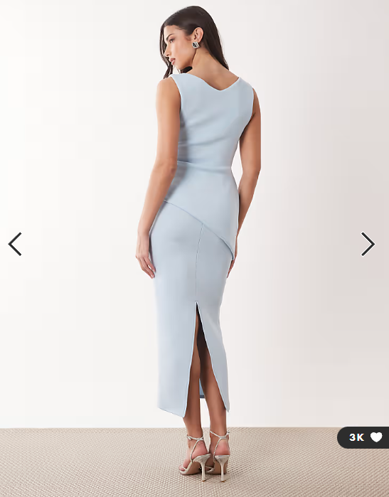 ASOS DESIGN drape asymmetric midi dress in light blue scuba-style fabric
