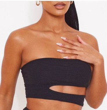 Black Crinkle Rib Cut Out Side Bandeau Crop Top