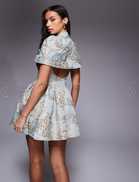 ASOS LUXE jacquard corset skater dress with cape detail and 3D flowers in blue floral