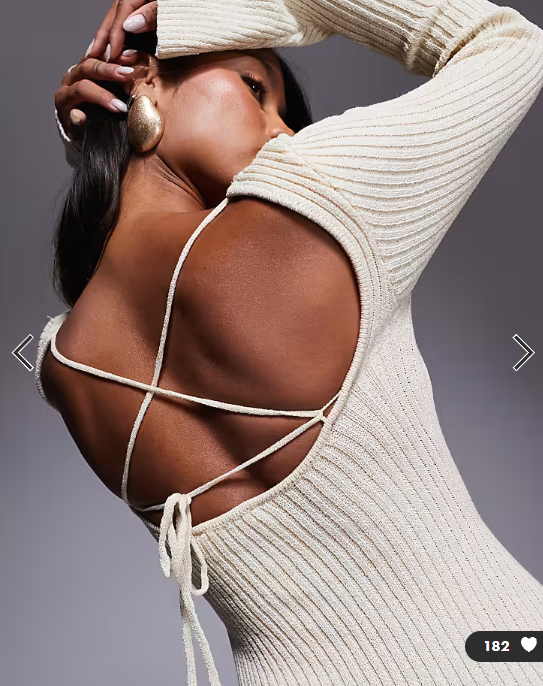 Princess Polly Brownhall ribbed knit flare sleeve open tie back mini dress in beige