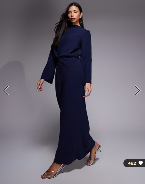 ASOS DESIGN long sleeve tucked waist bias maxi dress in navy