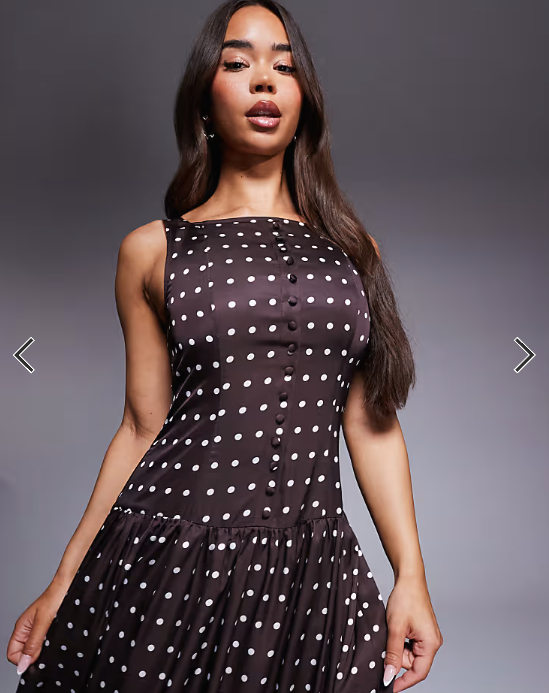 Kaiia exclusive satin high square neck button through drop waist maxi dress in chocolate polka dot