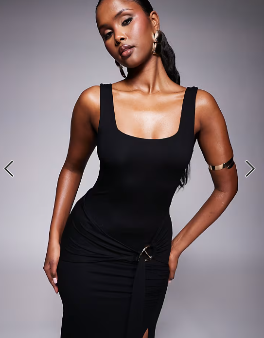 ASOS DESIGN square neck maxi dress with hardware trim and tie waist detail in black